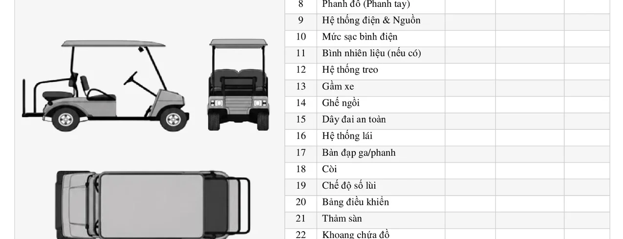 Chi tiết 25 hạng mục rà soát kỹ thuật xe golf chuyên dụng