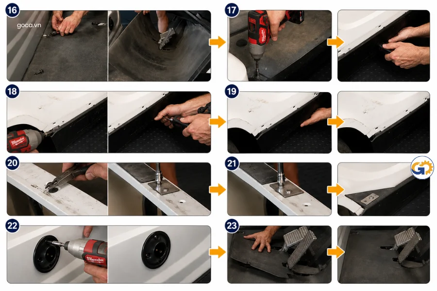 Giai đoạn 3: Tháo dỡ các chi tiết ốp nhựa và sàn xe để đi dây (Cabin & Trim Removal)
